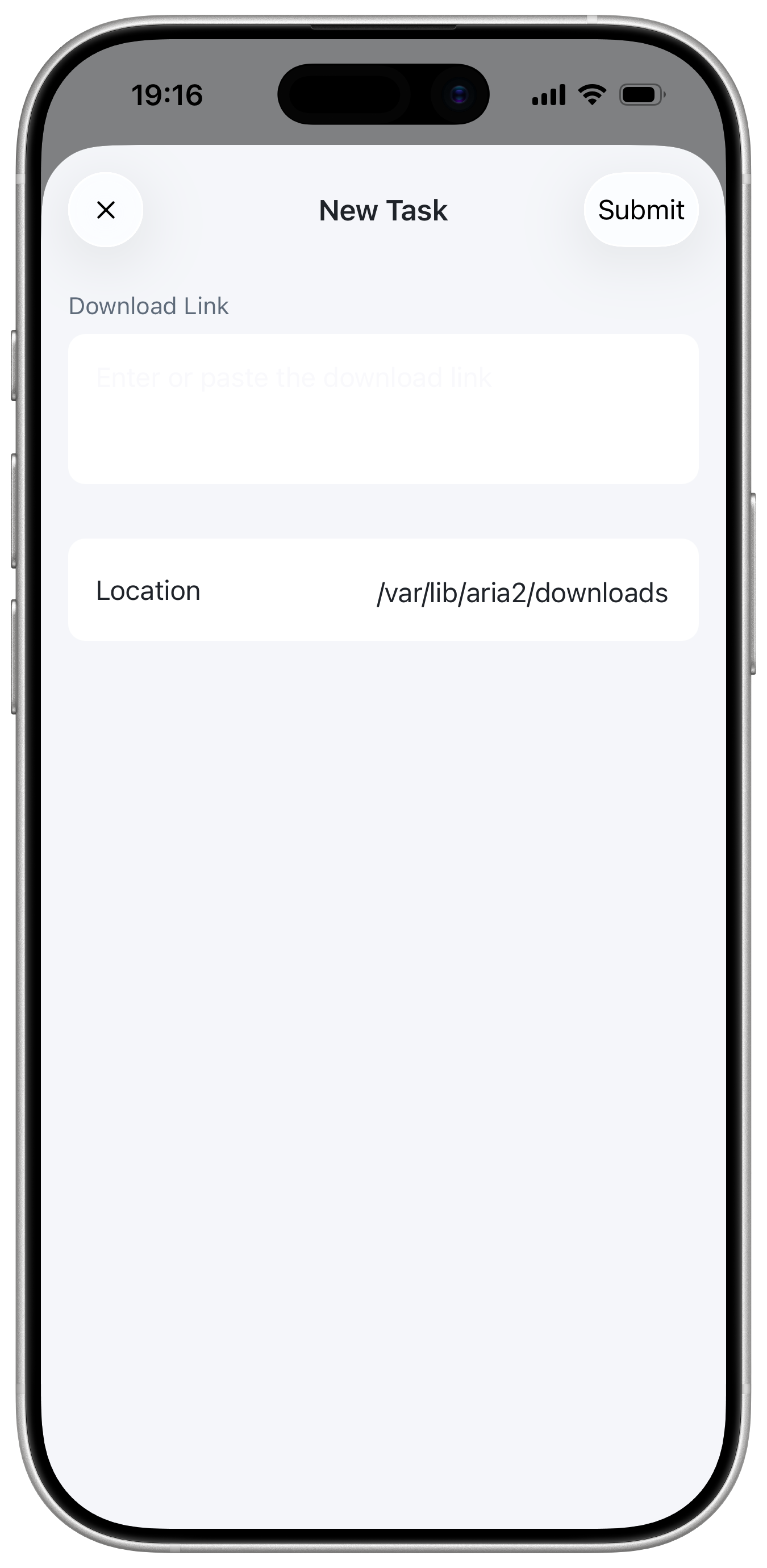 AriaX new task screen