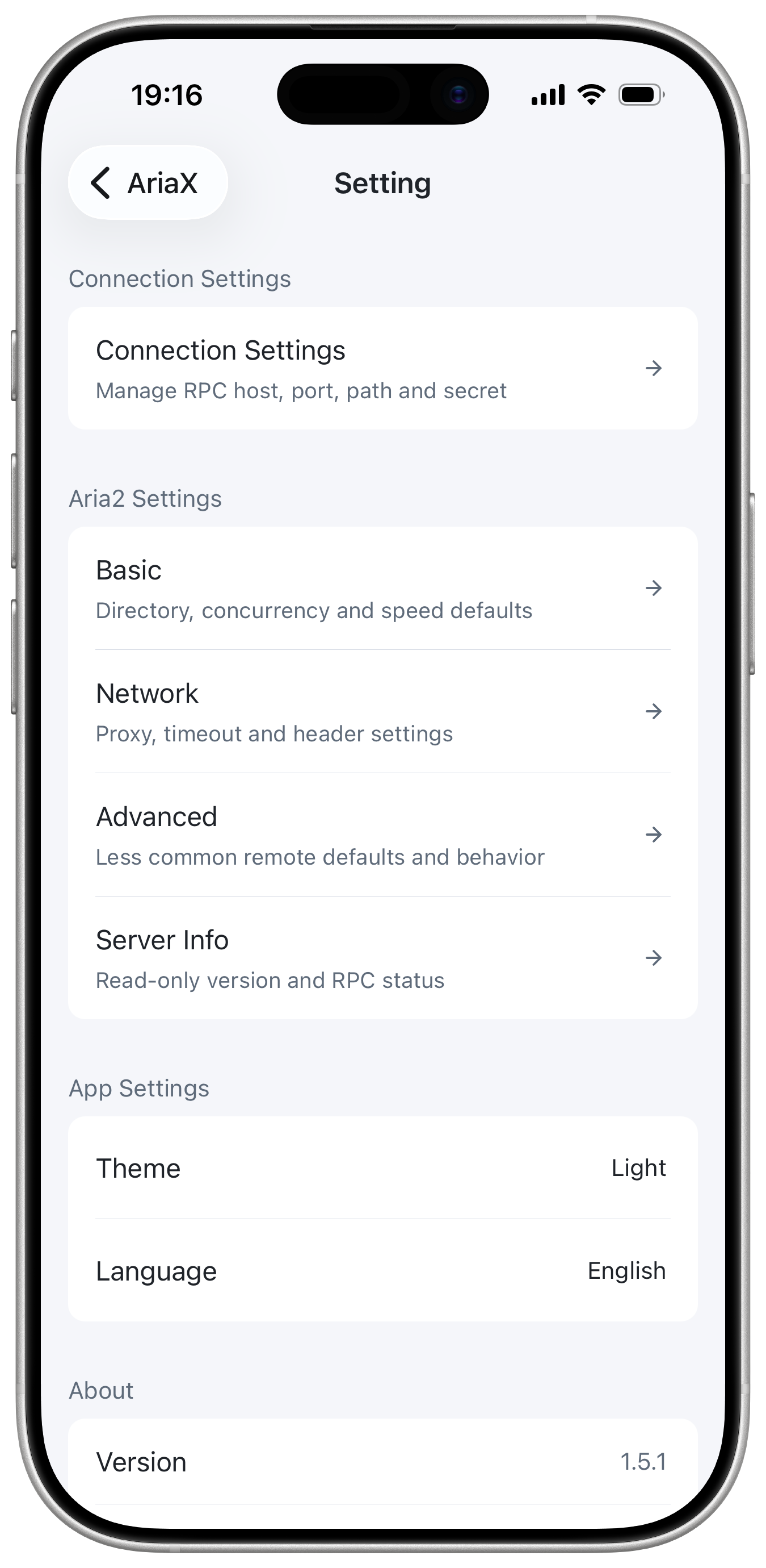 AriaX connections and settings screen